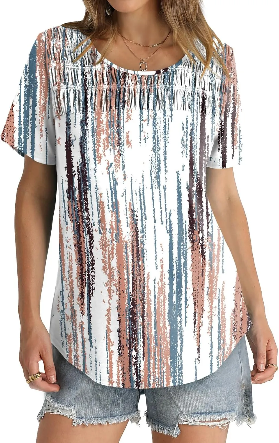 OFEEFAN Women's Summer Tops 2025 Trendy Short Sleeve Shirts Smocked Crewneck Tee