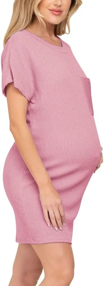 Onedreamer Women's Maternity Dress Rib Knit Front Pocket Dolman Short Sleeve T Shirts Dress