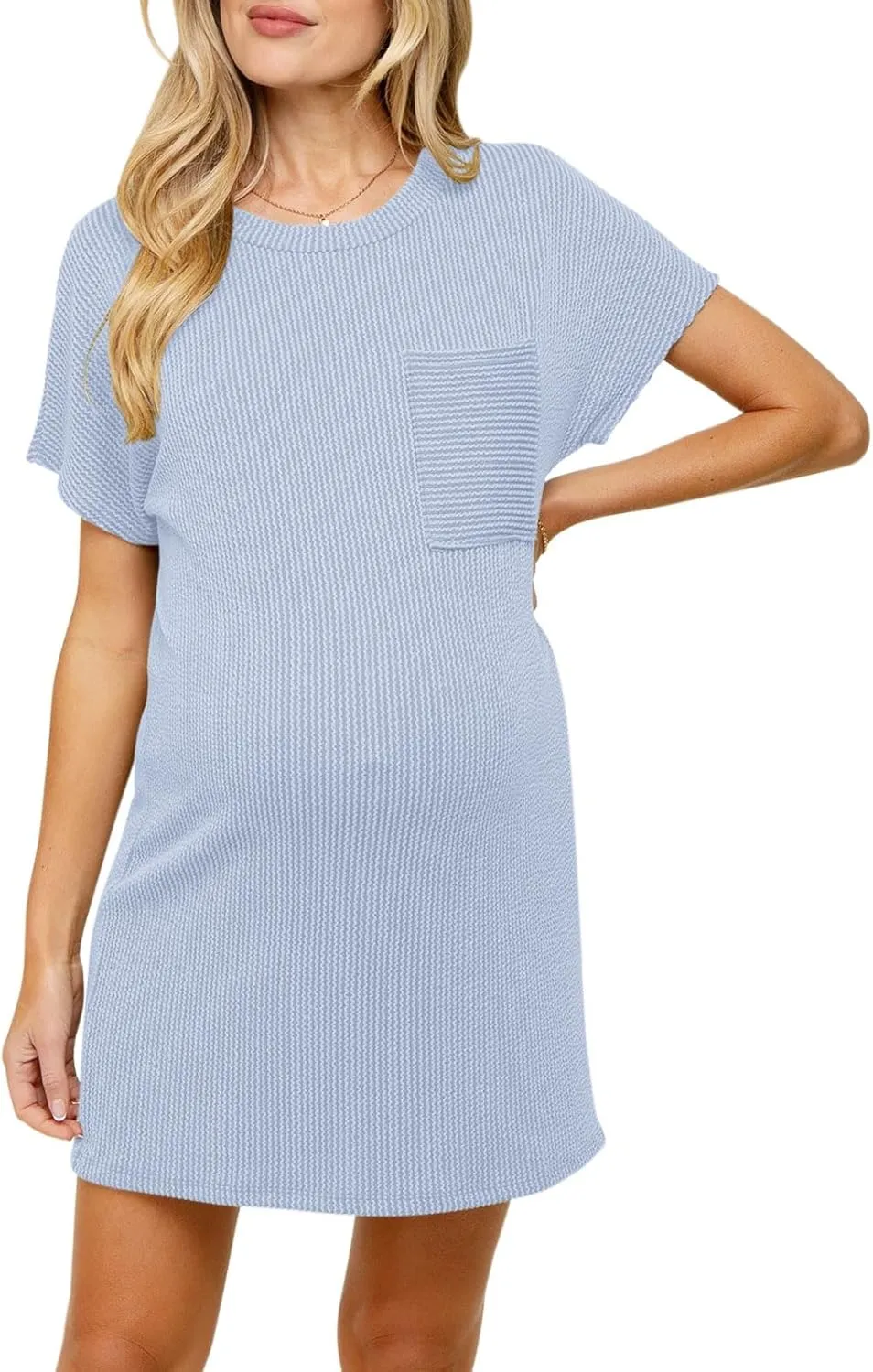 Onedreamer Women's Maternity Dress Rib Knit Front Pocket Dolman Short Sleeve T Shirts Dress
