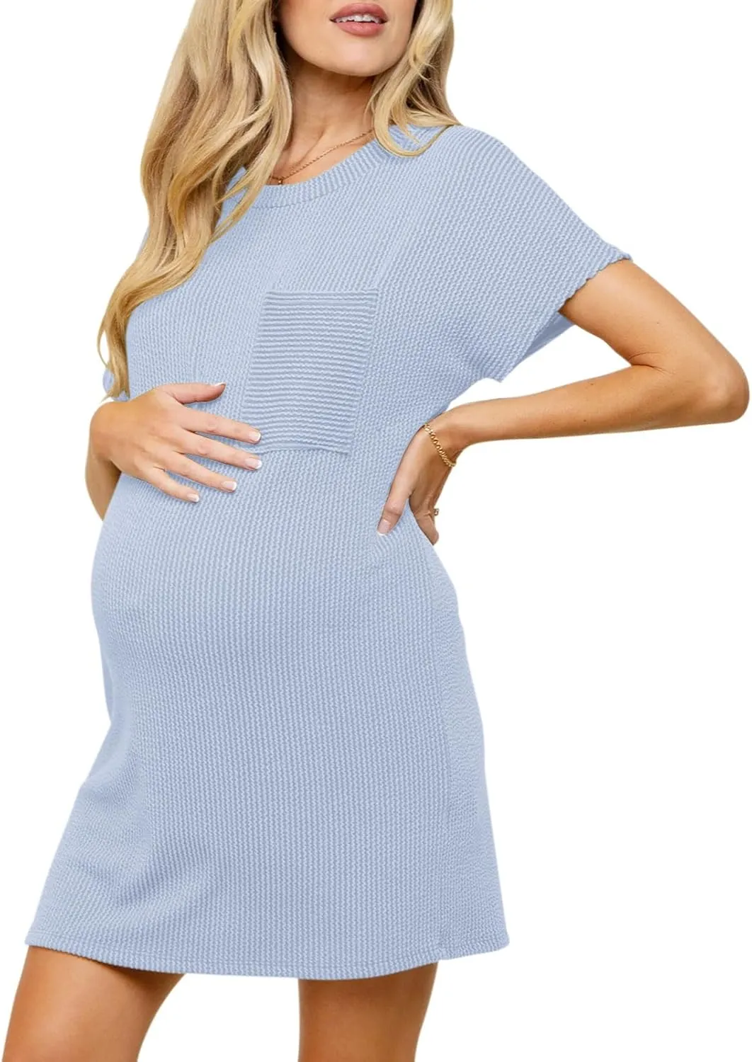 Onedreamer Women's Maternity Dress Rib Knit Front Pocket Dolman Short Sleeve T Shirts Dress