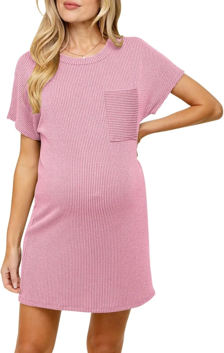 Onedreamer Women's Maternity Dress Rib Knit Front Pocket Dolman Short Sleeve T Shirts Dress