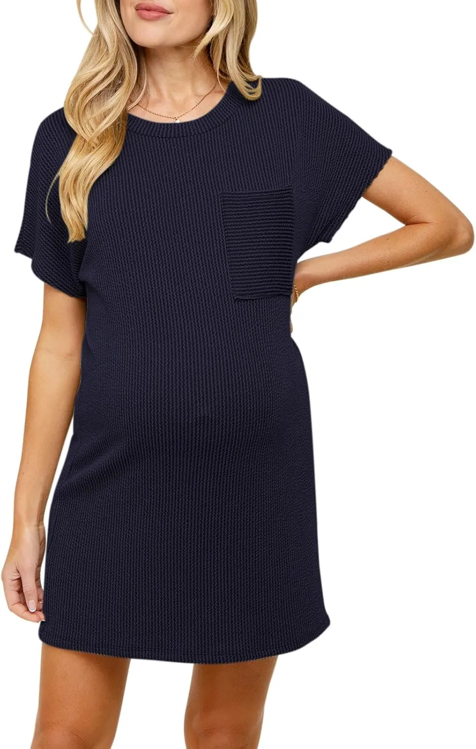 Onedreamer Women's Maternity Dress Rib Knit Front Pocket Dolman Short Sleeve T Shirts Dress