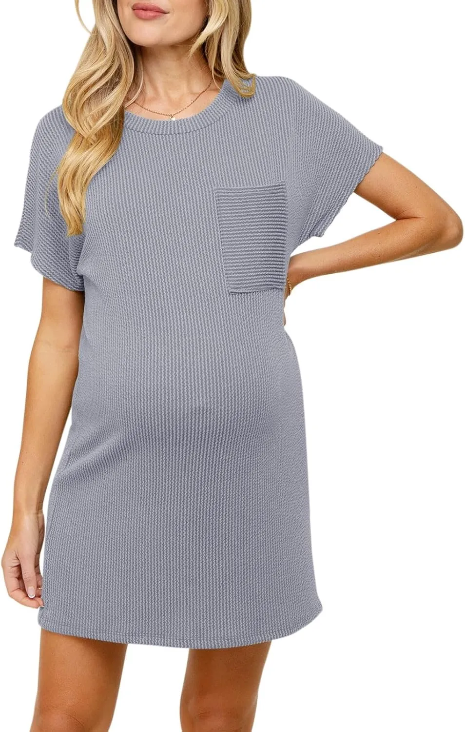 Onedreamer Women's Maternity Dress Rib Knit Front Pocket Dolman Short Sleeve T Shirts Dress