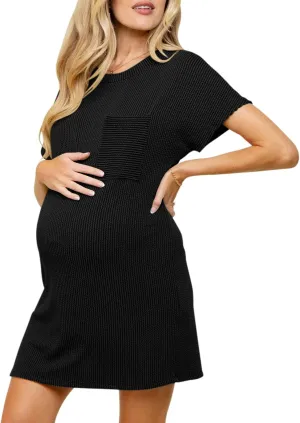 Onedreamer Women's Maternity Dress Rib Knit Front Pocket Dolman Short Sleeve T Shirts Dress