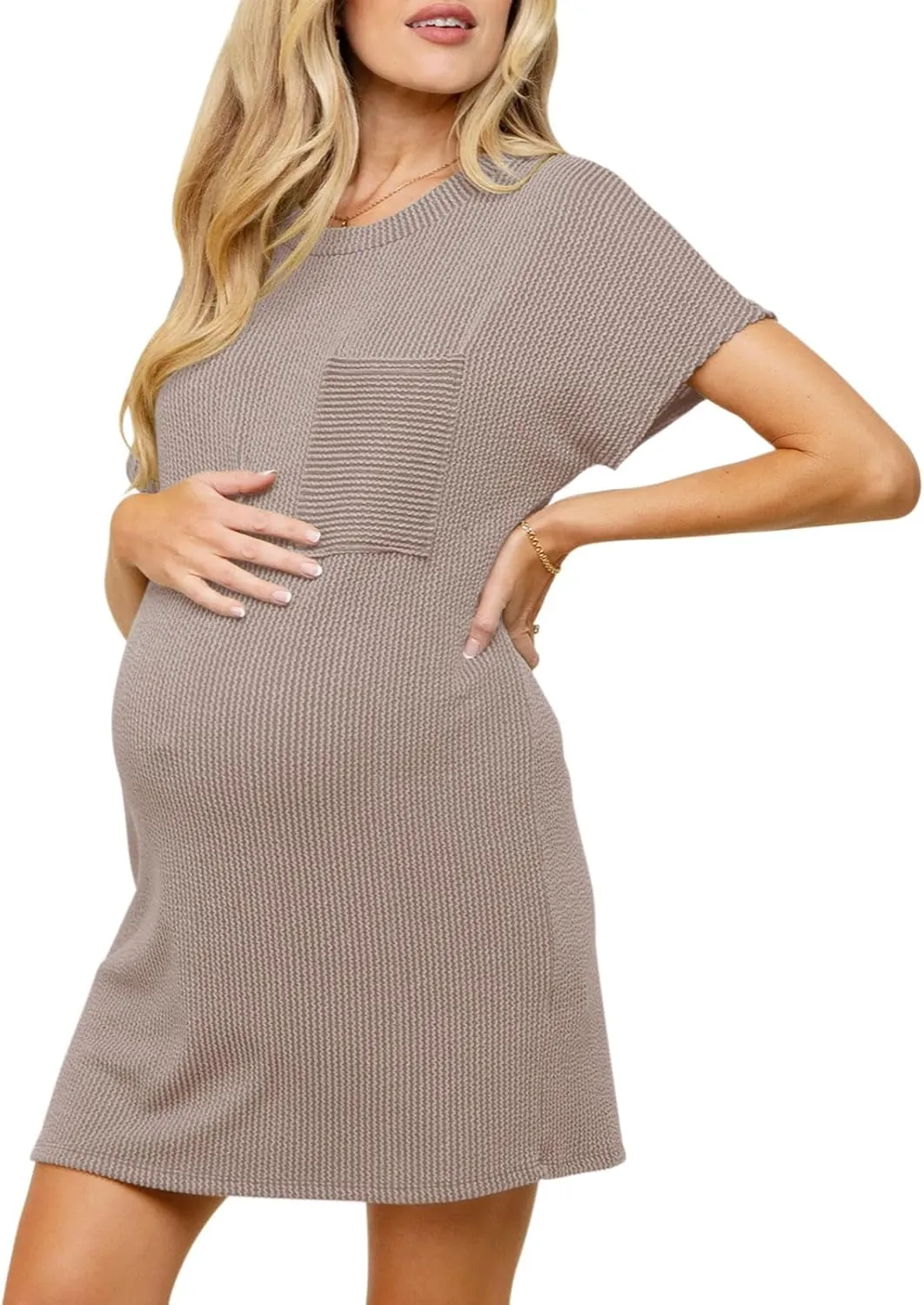 Onedreamer Women's Maternity Dress Rib Knit Front Pocket Dolman Short Sleeve T Shirts Dress