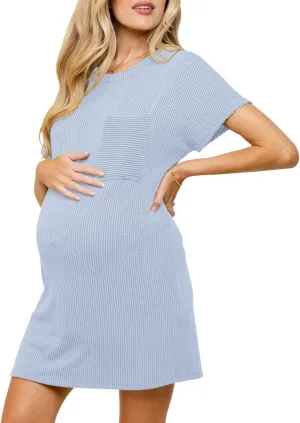 Onedreamer Women's Maternity Dress Rib Knit Front Pocket Dolman Short Sleeve T Shirts Dress