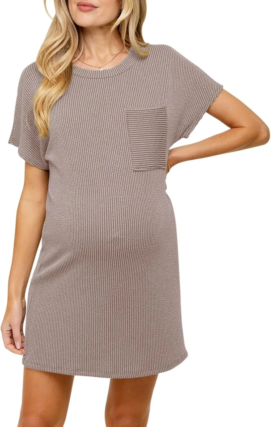Onedreamer Women's Maternity Dress Rib Knit Front Pocket Dolman Short Sleeve T Shirts Dress