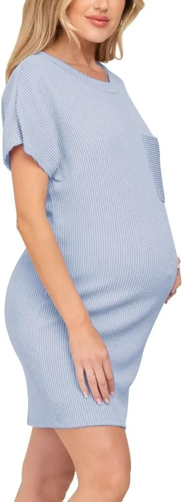 Onedreamer Women's Maternity Dress Rib Knit Front Pocket Dolman Short Sleeve T Shirts Dress