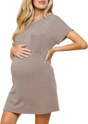 Onedreamer Women's Maternity Dress Rib Knit Front Pocket Dolman Short Sleeve T Shirts Dress