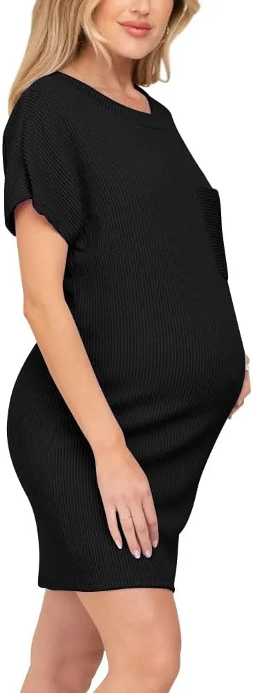 Onedreamer Women's Maternity Dress Rib Knit Front Pocket Dolman Short Sleeve T Shirts Dress