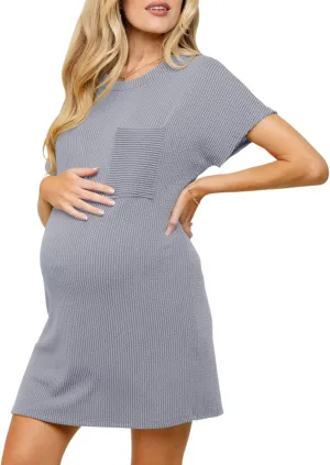Onedreamer Women's Maternity Dress Rib Knit Front Pocket Dolman Short Sleeve T Shirts Dress