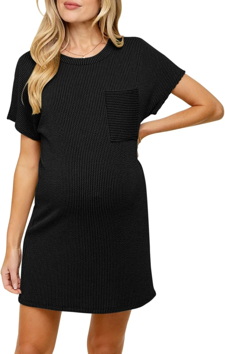 Onedreamer Women's Maternity Dress Rib Knit Front Pocket Dolman Short Sleeve T Shirts Dress