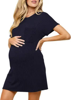 Onedreamer Women's Maternity Dress Rib Knit Front Pocket Dolman Short Sleeve T Shirts Dress