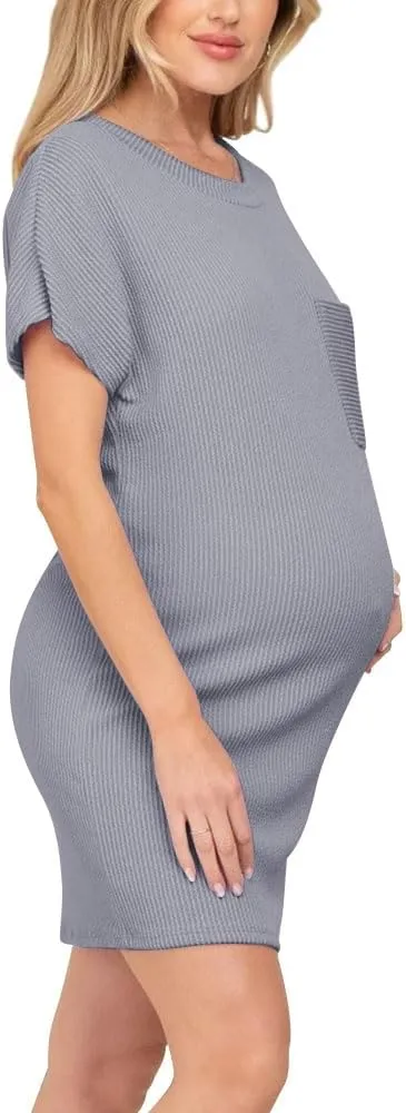 Onedreamer Women's Maternity Dress Rib Knit Front Pocket Dolman Short Sleeve T Shirts Dress