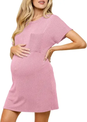 Onedreamer Women's Maternity Dress Rib Knit Front Pocket Dolman Short Sleeve T Shirts Dress