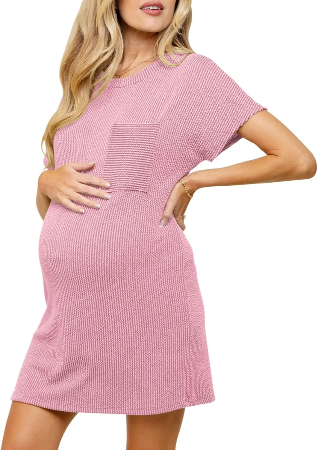 Onedreamer Women's Maternity Dress Rib Knit Front Pocket Dolman Short Sleeve T Shirts Dress