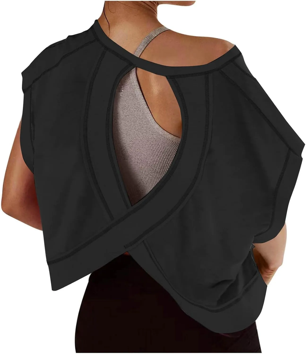 Open Back Workout Tops for Women Oversized Short Sleeve Athletic Shirts Cotton V Neck Blouse Casual Crop Running Tee