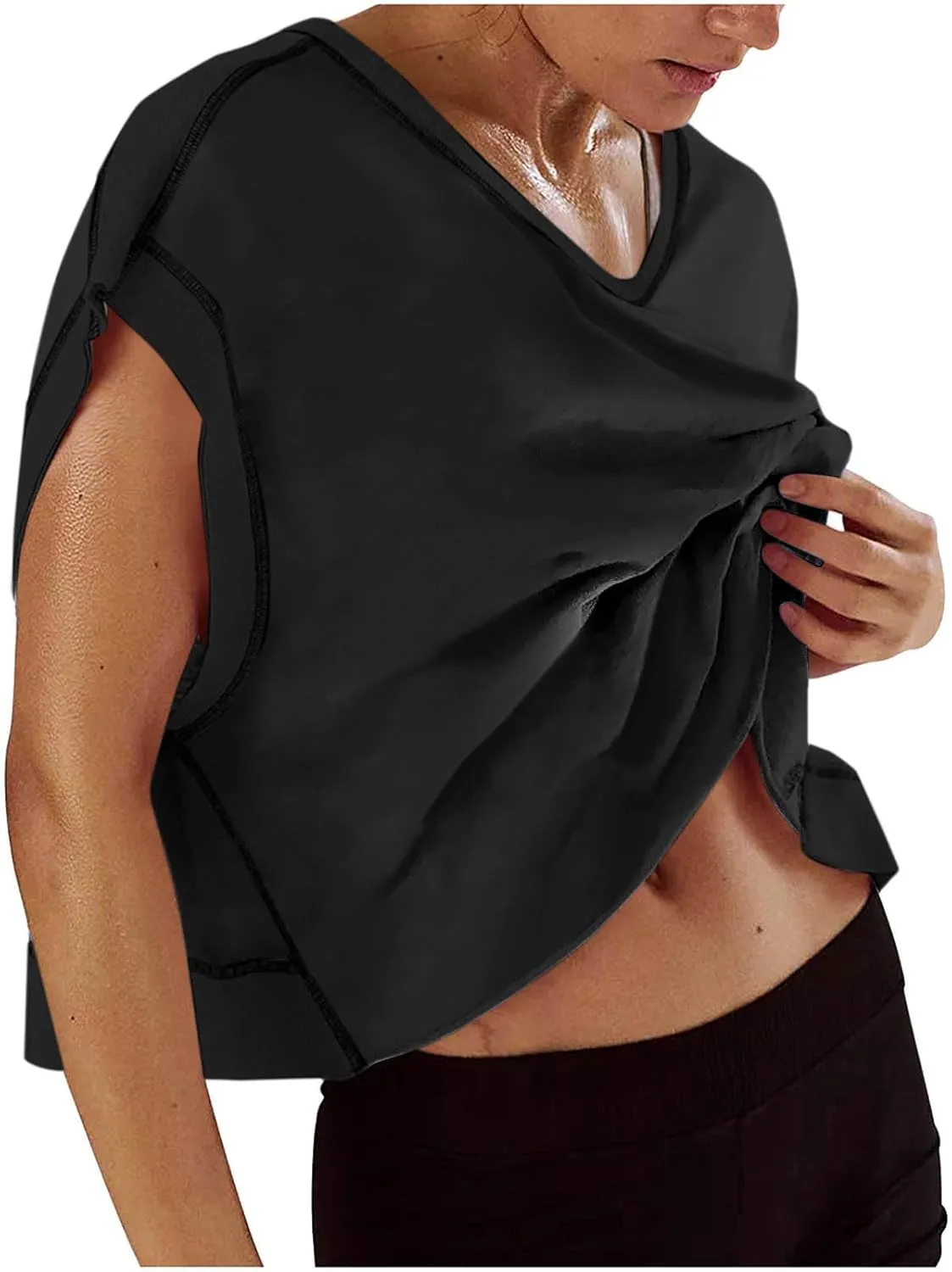 Open Back Workout Tops for Women Oversized Short Sleeve Athletic Shirts Cotton V Neck Blouse Casual Crop Running Tee