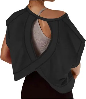 Open Back Workout Tops for Women Oversized Short Sleeve Athletic Shirts Cotton V Neck Blouse Casual Crop Running Tee