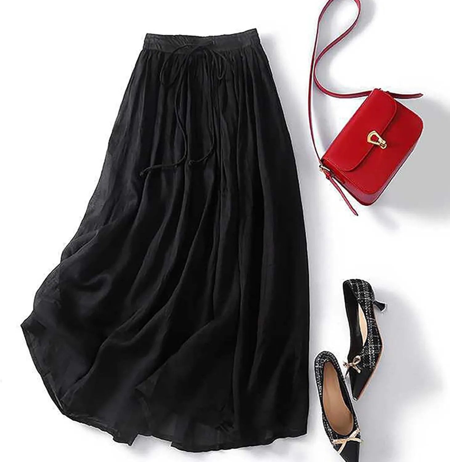Oplxuo Cotton Linen Skirts for Women Boho Summer Elastic High Waist Drawstring A-Line Flowy Swing Beach Holiday Maxi Skirt