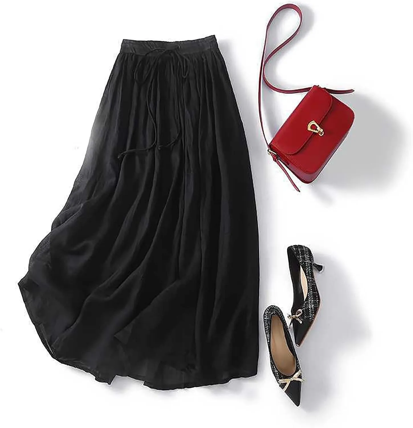 Oplxuo Cotton Linen Skirts for Women Boho Summer Elastic High Waist Drawstring A-Line Flowy Swing Beach Holiday Maxi Skirt