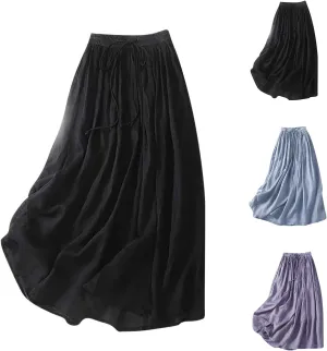 Oplxuo Cotton Linen Skirts for Women Boho Summer Elastic High Waist Drawstring A-Line Flowy Swing Beach Holiday Maxi Skirt