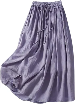 Oplxuo Cotton Linen Skirts for Women Boho Summer Elastic High Waist Drawstring A-Line Flowy Swing Beach Holiday Maxi Skirt