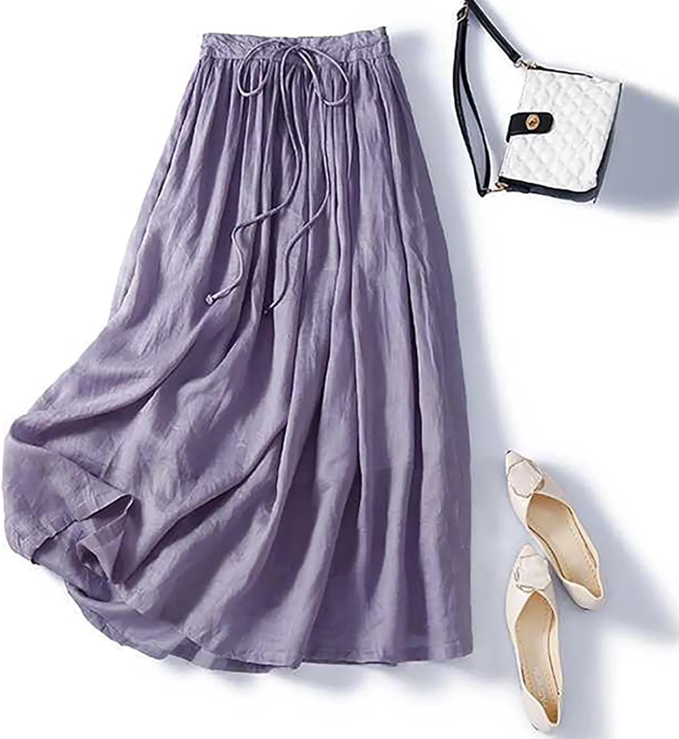 Oplxuo Cotton Linen Skirts for Women Boho Summer Elastic High Waist Drawstring A-Line Flowy Swing Beach Holiday Maxi Skirt