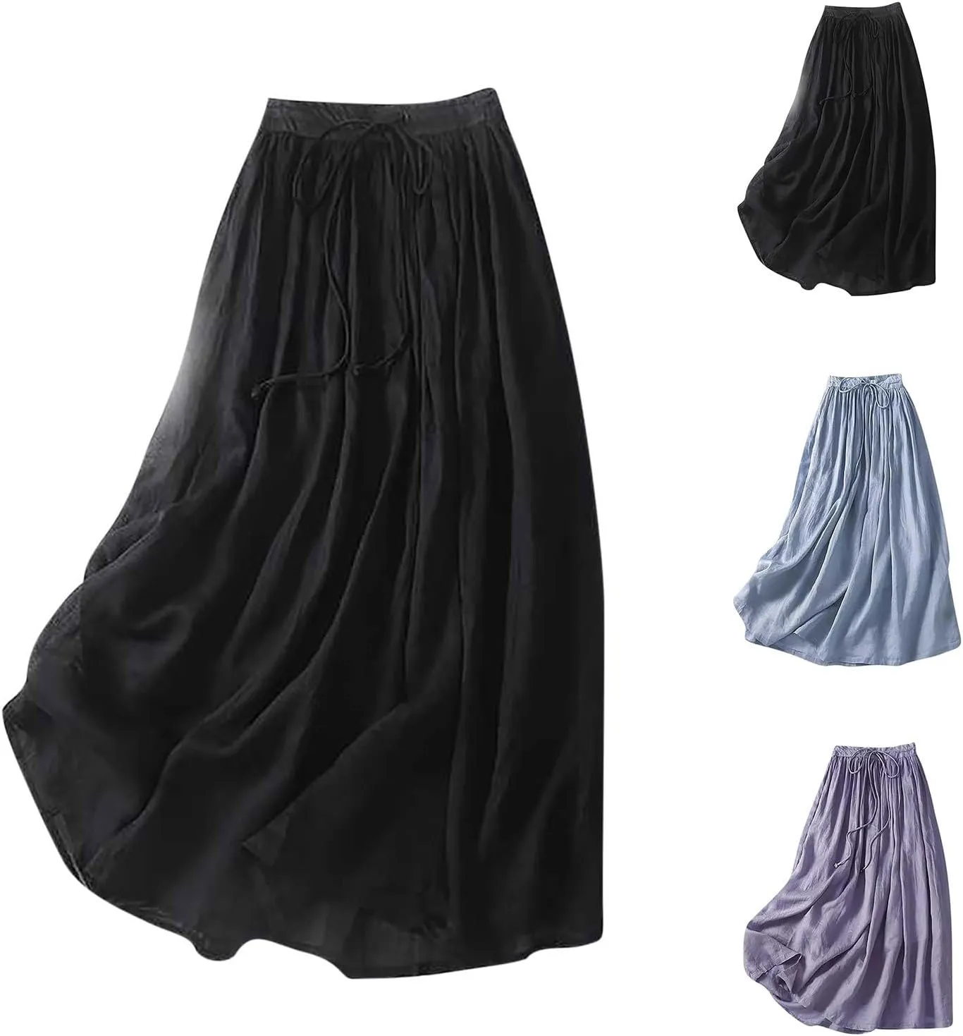Oplxuo Cotton Linen Skirts for Women Boho Summer Elastic High Waist Drawstring A-Line Flowy Swing Beach Holiday Maxi Skirt