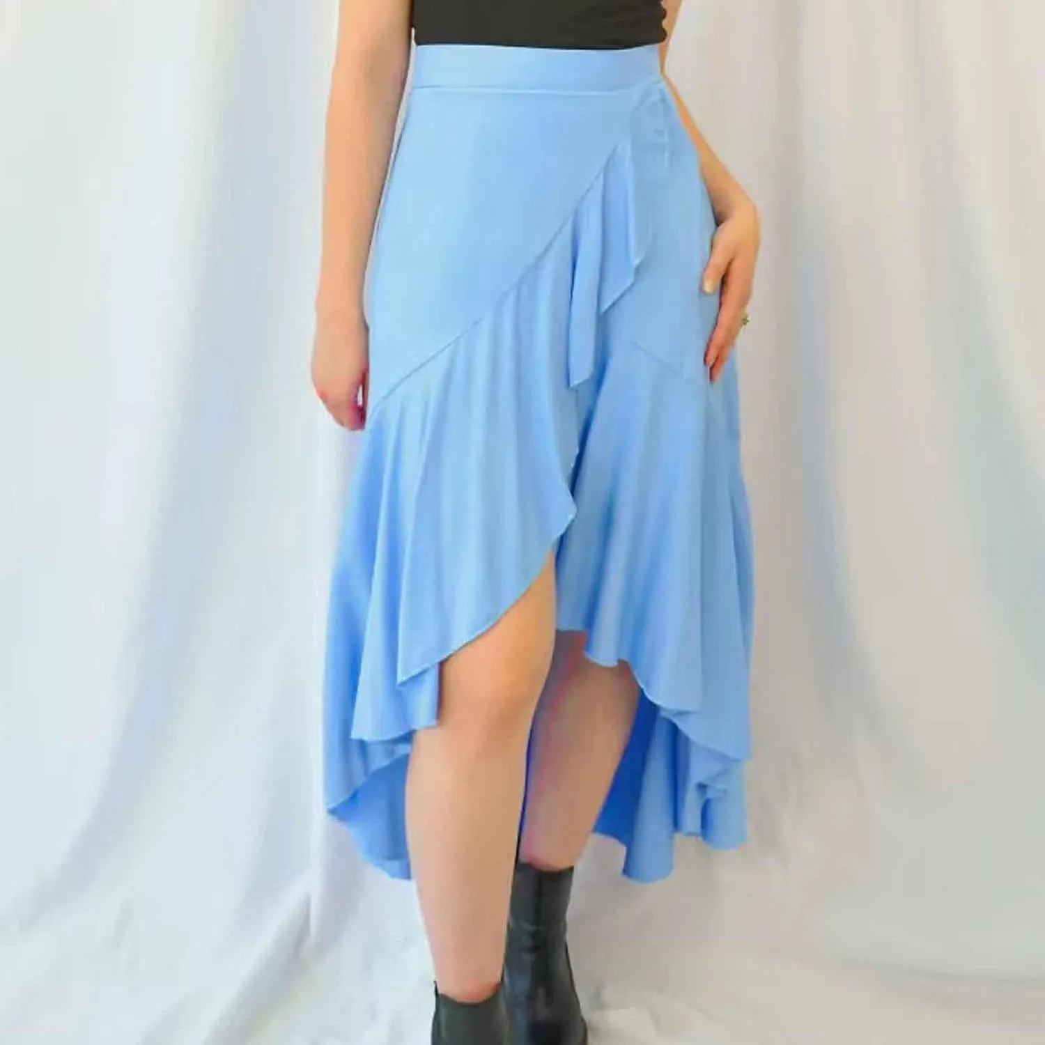 Oplxuo High Waist Wrap Skirt with Slit Flowy Skirts for Women Trendy Summer Ruffle High Low Maxi Skirt