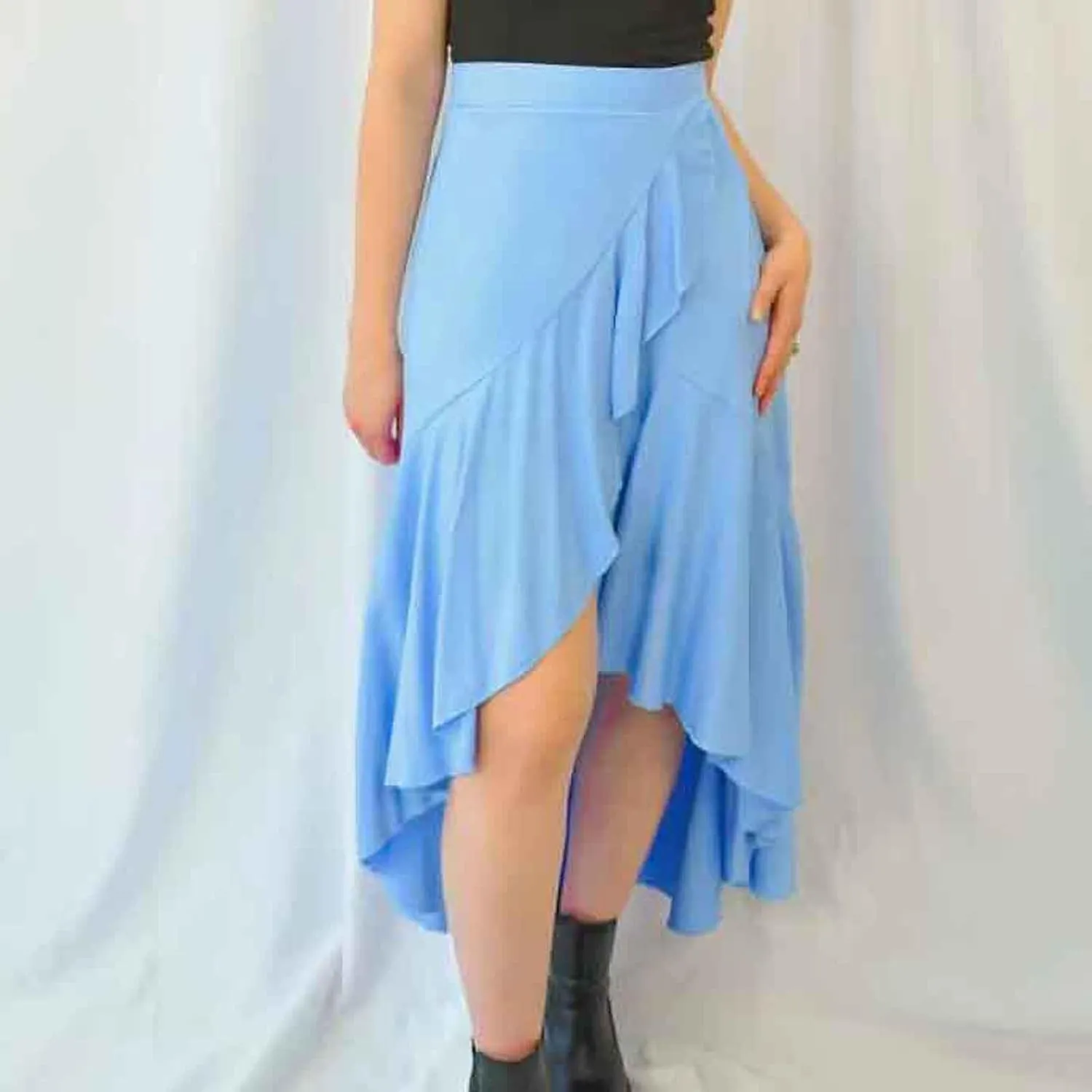 Oplxuo High Waist Wrap Skirt with Slit Flowy Skirts for Women Trendy Summer Ruffle High Low Maxi Skirt