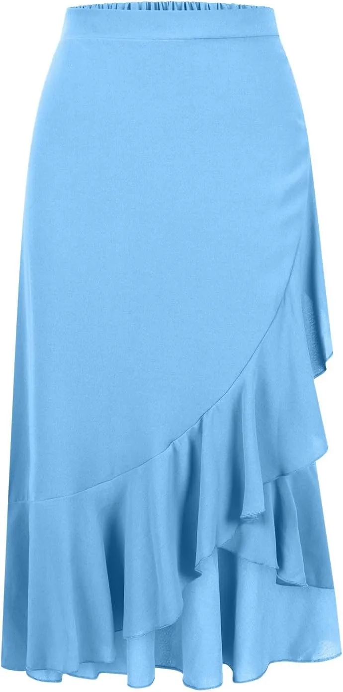Oplxuo High Waist Wrap Skirt with Slit Flowy Skirts for Women Trendy Summer Ruffle High Low Maxi Skirt