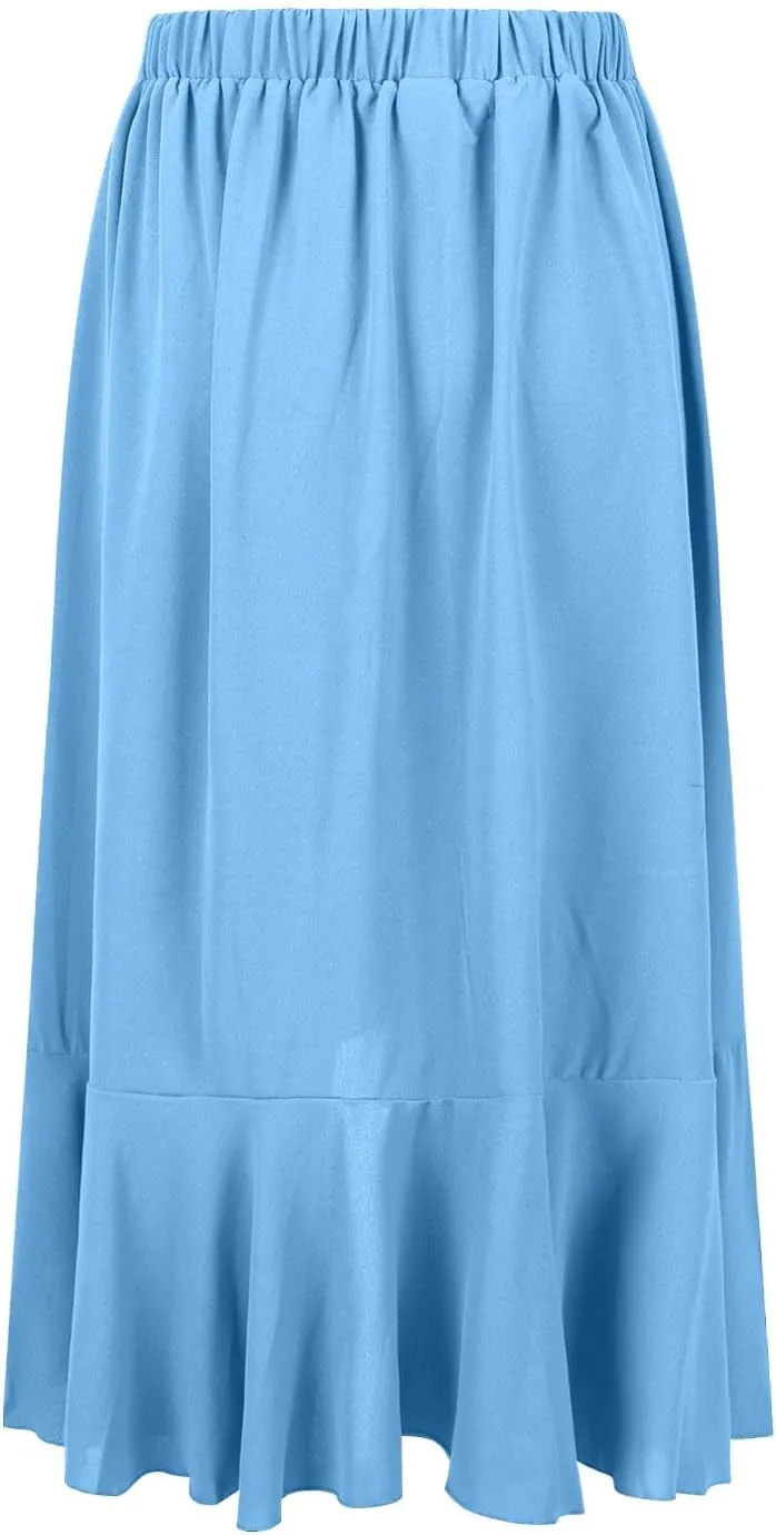 Oplxuo High Waist Wrap Skirt with Slit Flowy Skirts for Women Trendy Summer Ruffle High Low Maxi Skirt