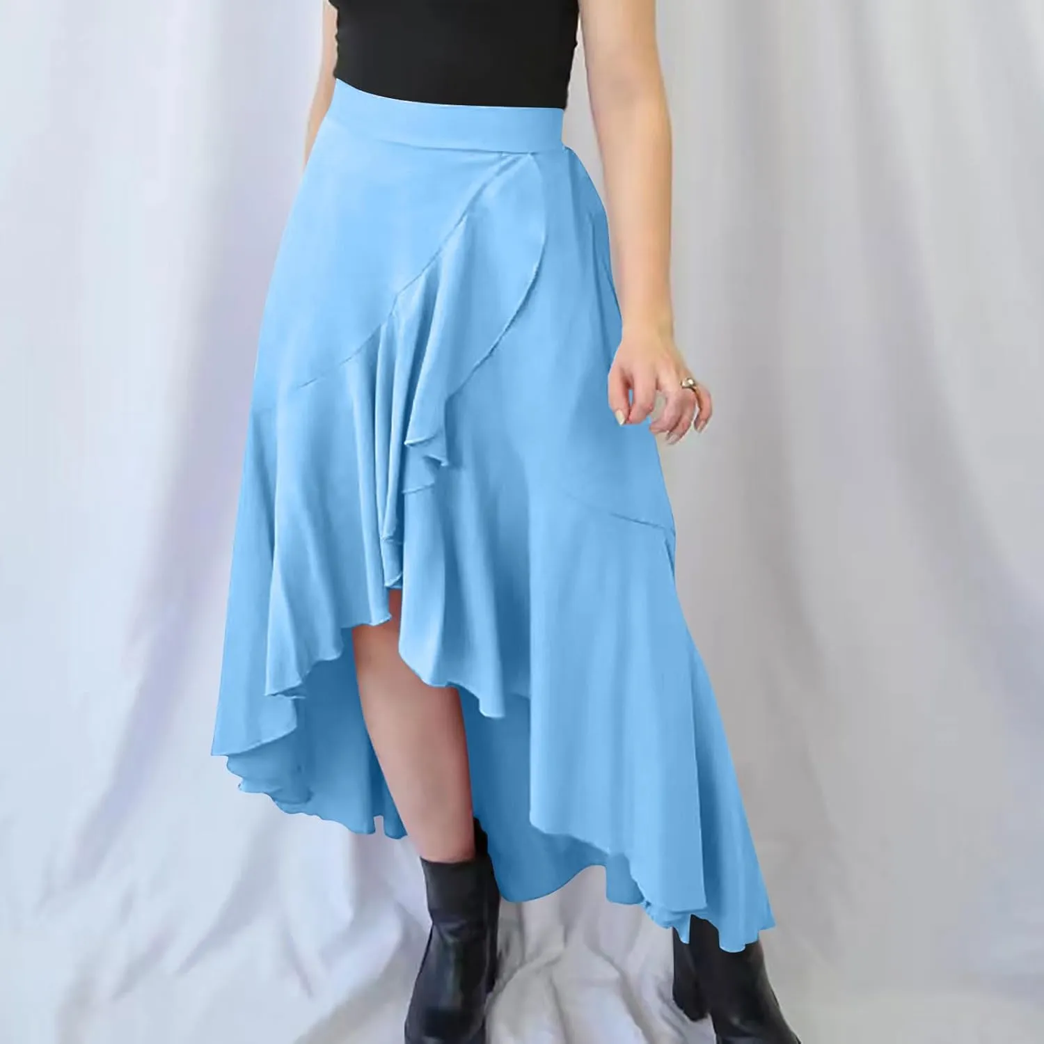 Oplxuo High Waist Wrap Skirt with Slit Flowy Skirts for Women Trendy Summer Ruffle High Low Maxi Skirt