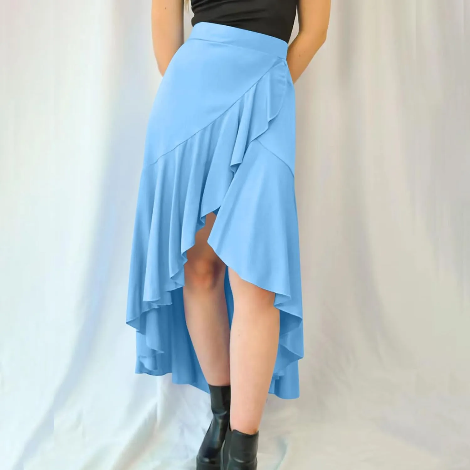 Oplxuo High Waist Wrap Skirt with Slit Flowy Skirts for Women Trendy Summer Ruffle High Low Maxi Skirt