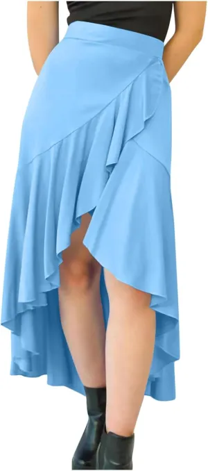 Oplxuo High Waist Wrap Skirt with Slit Flowy Skirts for Women Trendy Summer Ruffle High Low Maxi Skirt