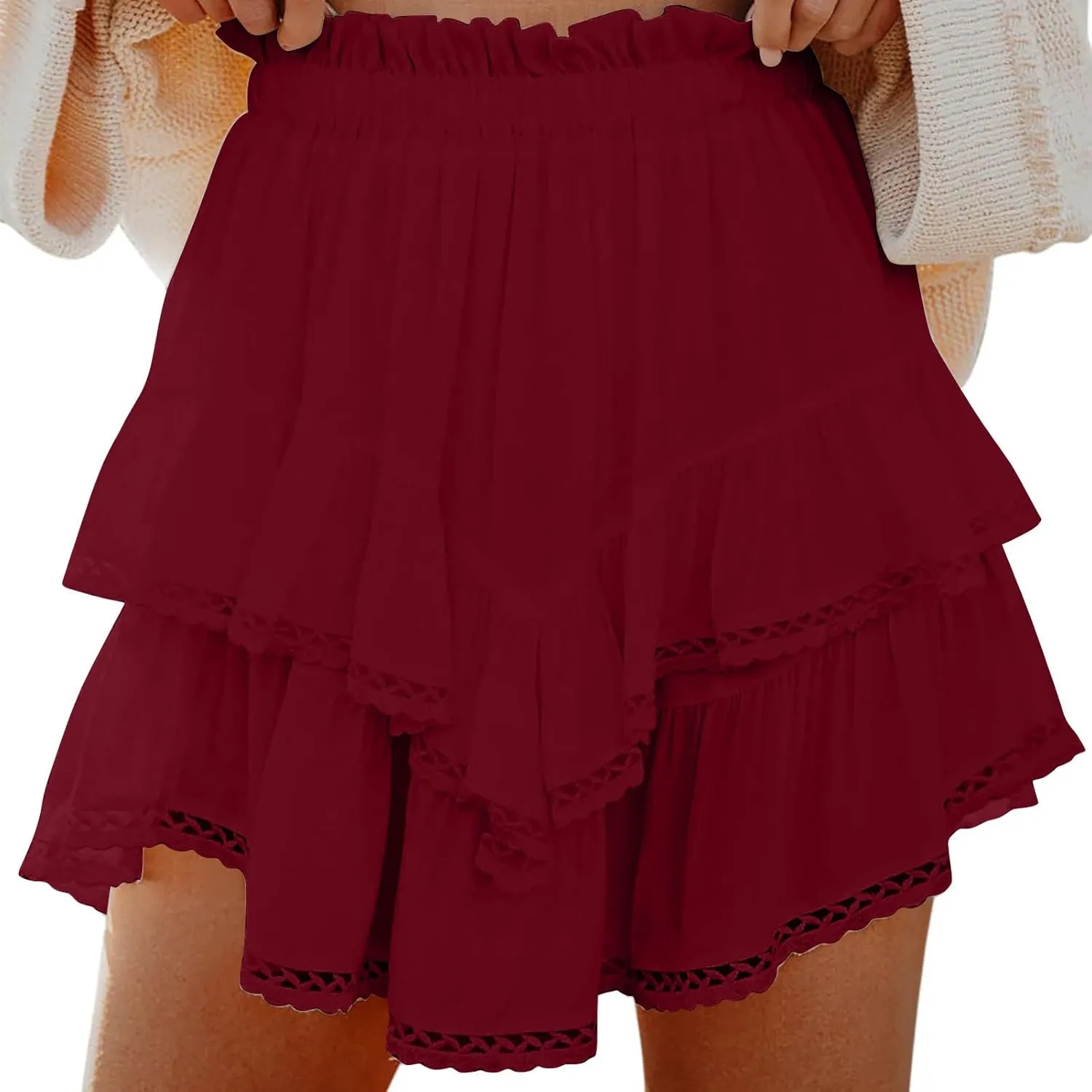 Oplxuo Mini Skirt for Women Casual Boho Layered Ruffle Flowy Skirts High Waist Tiered Short Skirts Golf Tennis Crochet Skirt