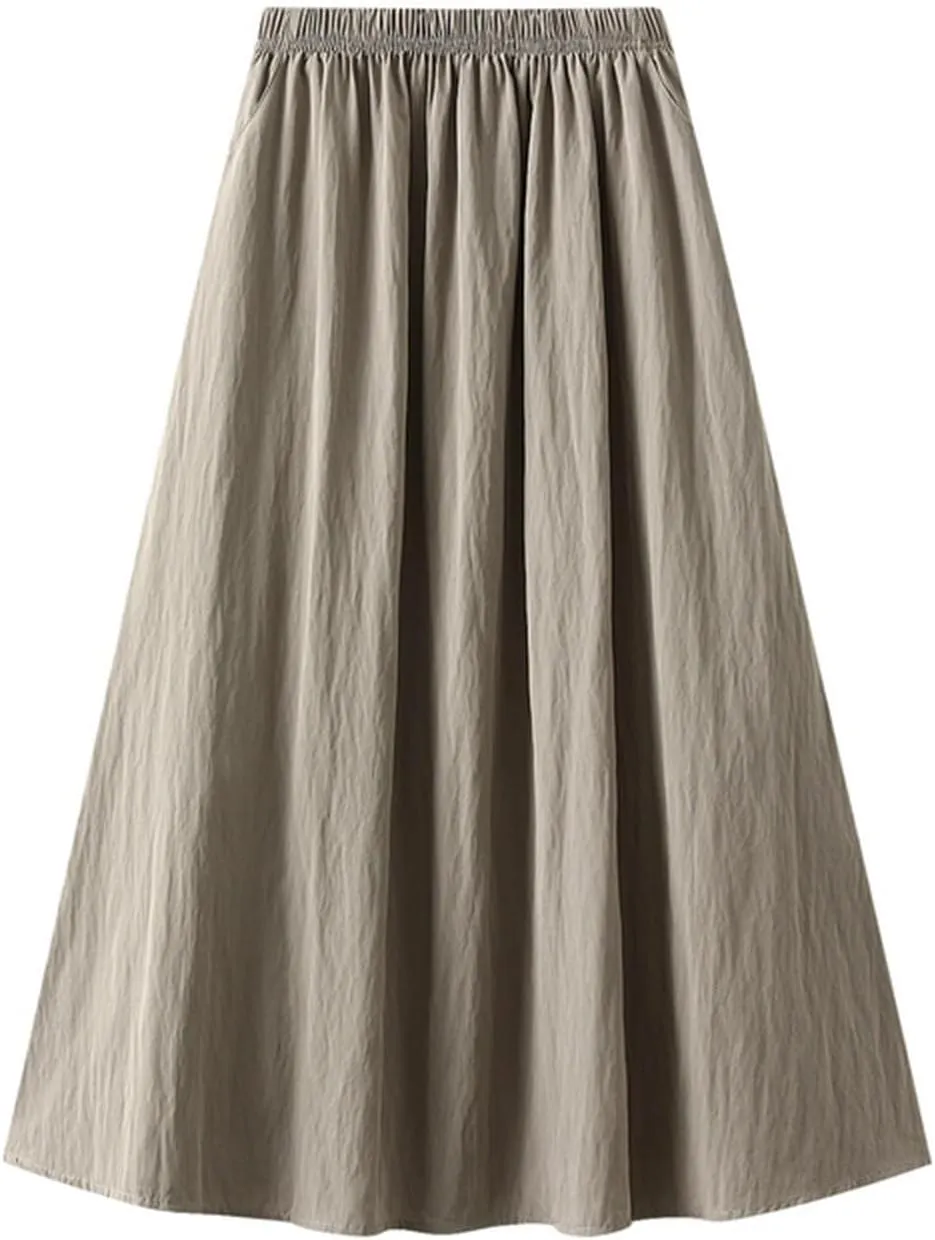 Oplxuo Skirts for Women Trendy Midi Skirt High Waisted Boho Beach Casual Pleated A-Line Swing Flowy Long Skirts with Pockets