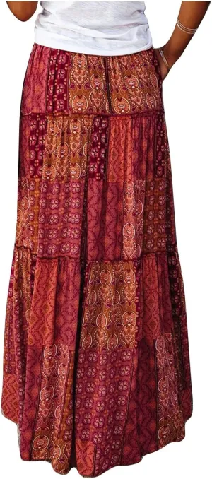 Oplxuo Women's Boho Maxi Skirt Paisley Print Summer Beach Long Skirts Tiered A-line Swing High Waist Flare Flowy Skirt