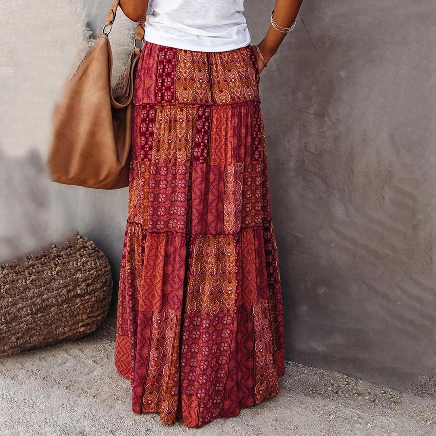 Oplxuo Women's Boho Maxi Skirt Paisley Print Summer Beach Long Skirts Tiered A-line Swing High Waist Flare Flowy Skirt