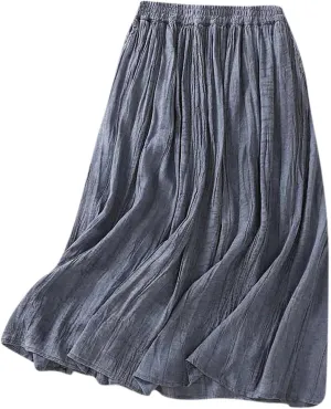 Oplxuo Womens Cotton Linen Maxi Skirts Summer Boho Solid Beach Elastic High Waist Pleated A-Line Flowy Swing Long Maxi Skirts