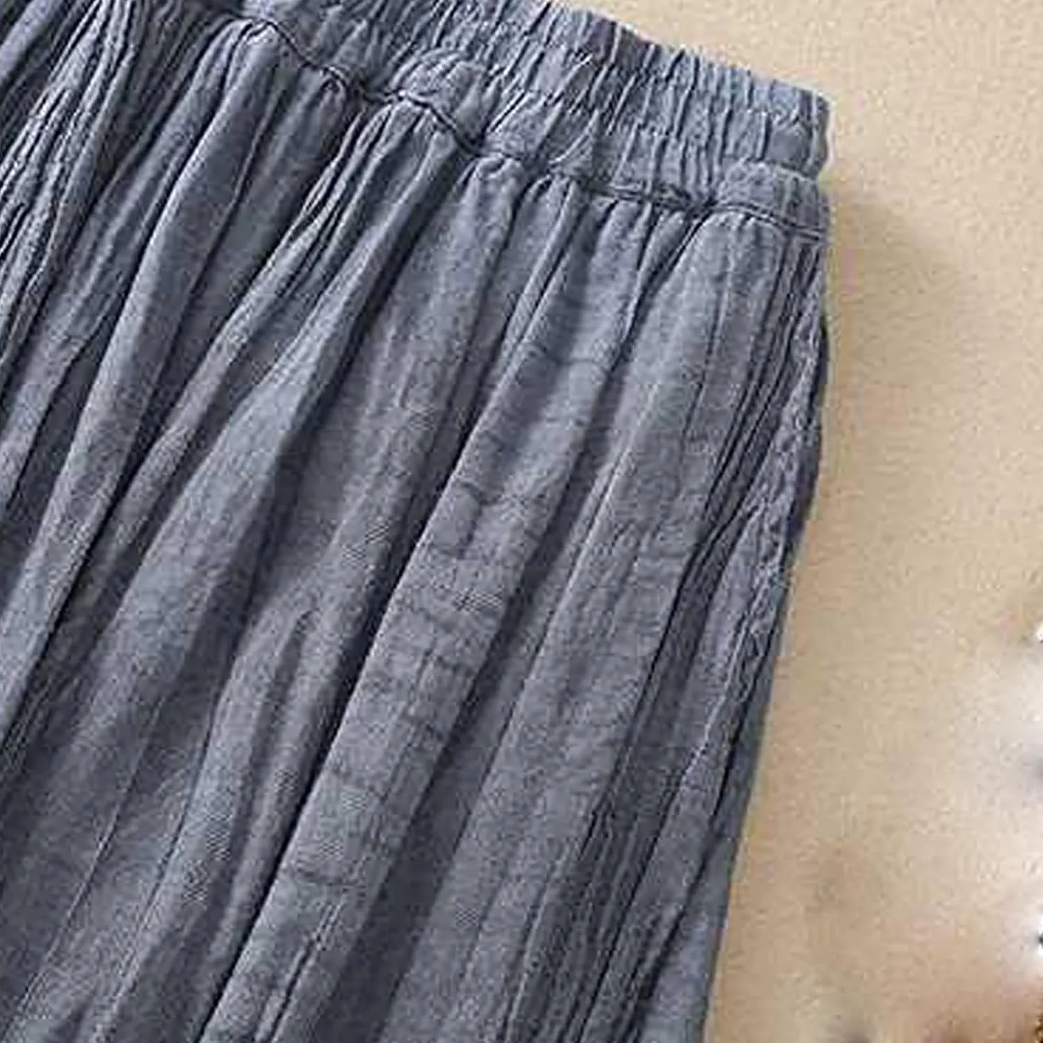 Oplxuo Womens Cotton Linen Maxi Skirts Summer Boho Solid Beach Elastic High Waist Pleated A-Line Flowy Swing Long Maxi Skirts