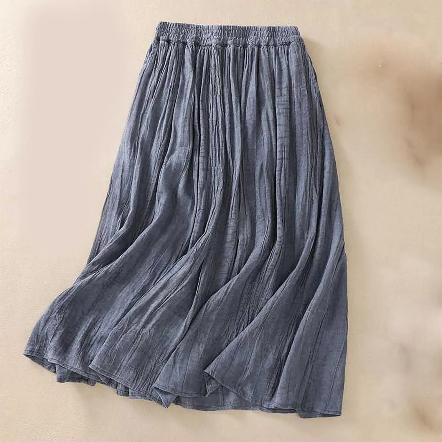 Oplxuo Womens Cotton Linen Maxi Skirts Summer Boho Solid Beach Elastic High Waist Pleated A-Line Flowy Swing Long Maxi Skirts