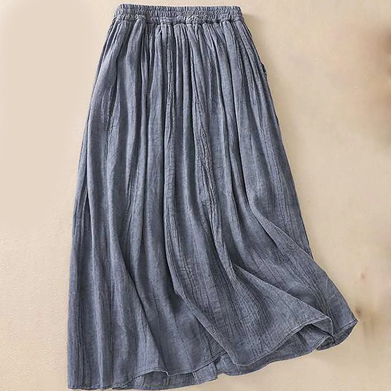 Oplxuo Womens Cotton Linen Maxi Skirts Summer Boho Solid Beach Elastic High Waist Pleated A-Line Flowy Swing Long Maxi Skirts