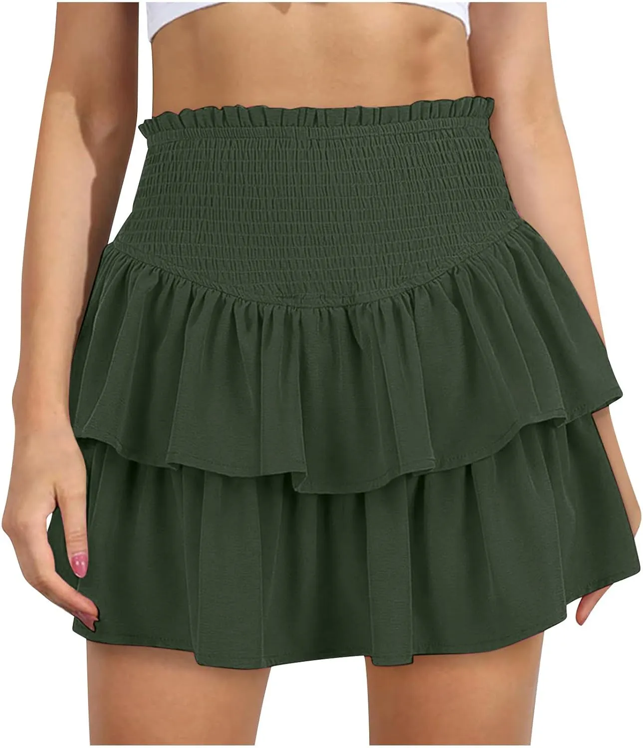 Oplxuo Women's Elastic High Waist Ruffle Mini Skirt Cute Tiered Short Skirt with Shorts Underneath