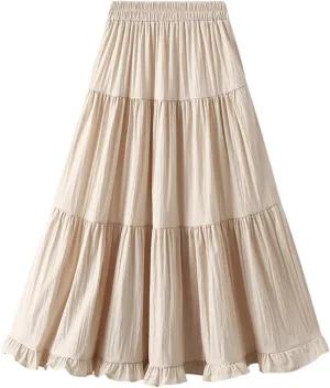 Oplxuo Women's Fall Long Skirt Elegant High Waist Tiered Ruffle Cocktail Party Wedding Guest Dress Flared A-Line Midi Skirts