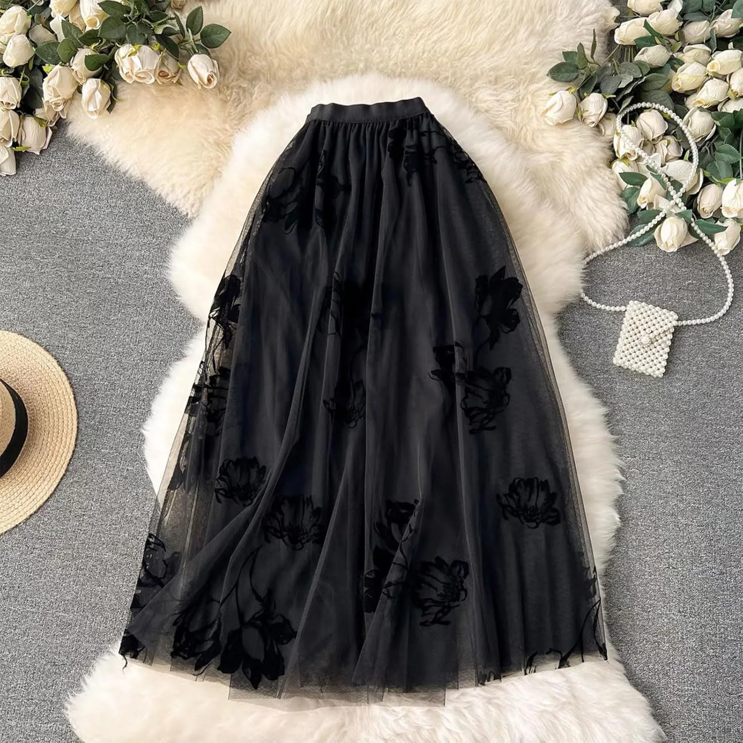 Oplxuo Women's Floral Print Skirts Boho Style Elastic High Waist A Line Swing Flowy Maxi Skirt