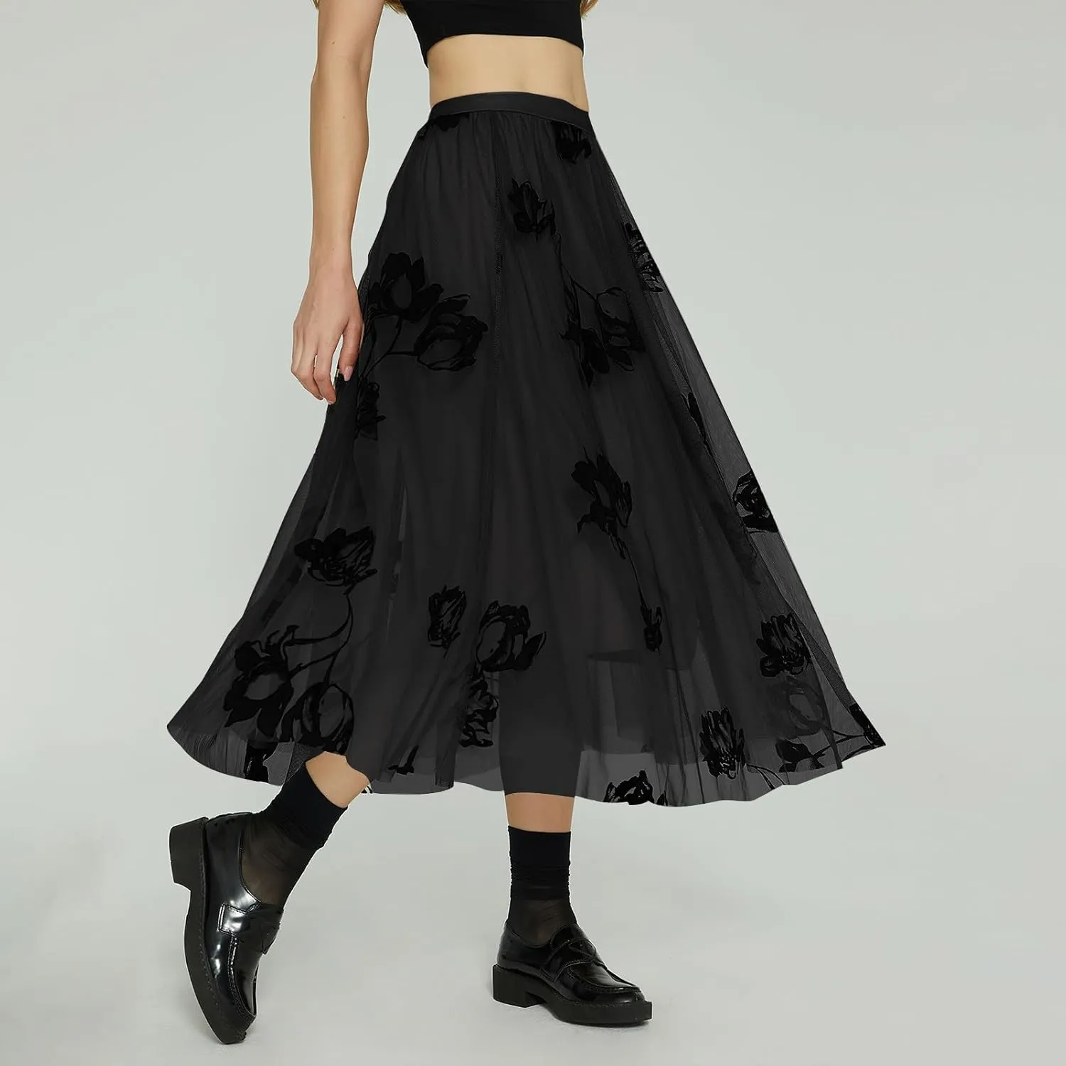 Oplxuo Women's Floral Print Skirts Boho Style Elastic High Waist A Line Swing Flowy Maxi Skirt
