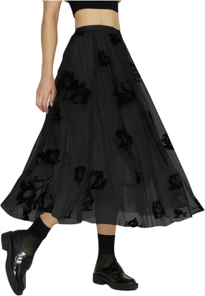 Oplxuo Women's Floral Print Skirts Boho Style Elastic High Waist A Line Swing Flowy Maxi Skirt