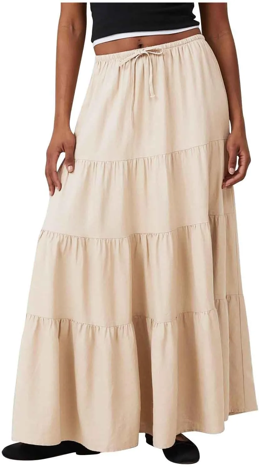 Oplxuo Women's Maxi Skirt Summer Beach Boho Long Skirts Tiered A-line Swing High Waist Swing Flowy Skirt